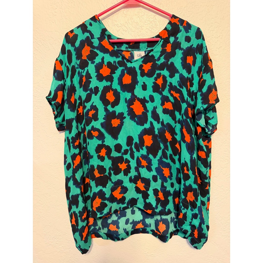 Cabi Teal Orange Leopard Print V-Neck Short Sleeve Blouse Top 5023 Small